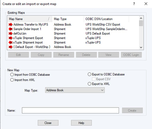 WorldShip import-export screen