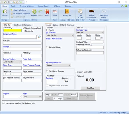 WorldShip main screen